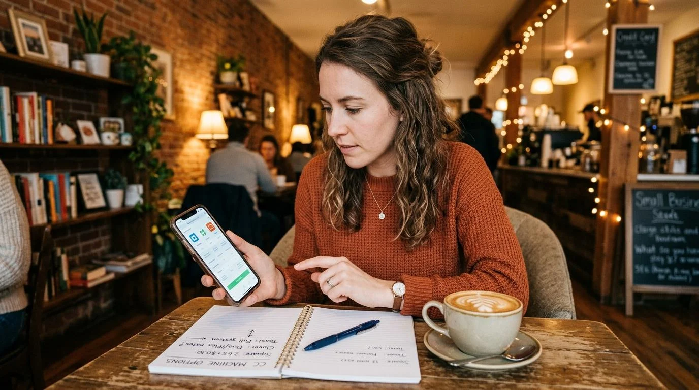 Pessoa comparando opções de maquininha de cartão no smartphone, sentada em uma mesa com caderno aberto e xícara de café