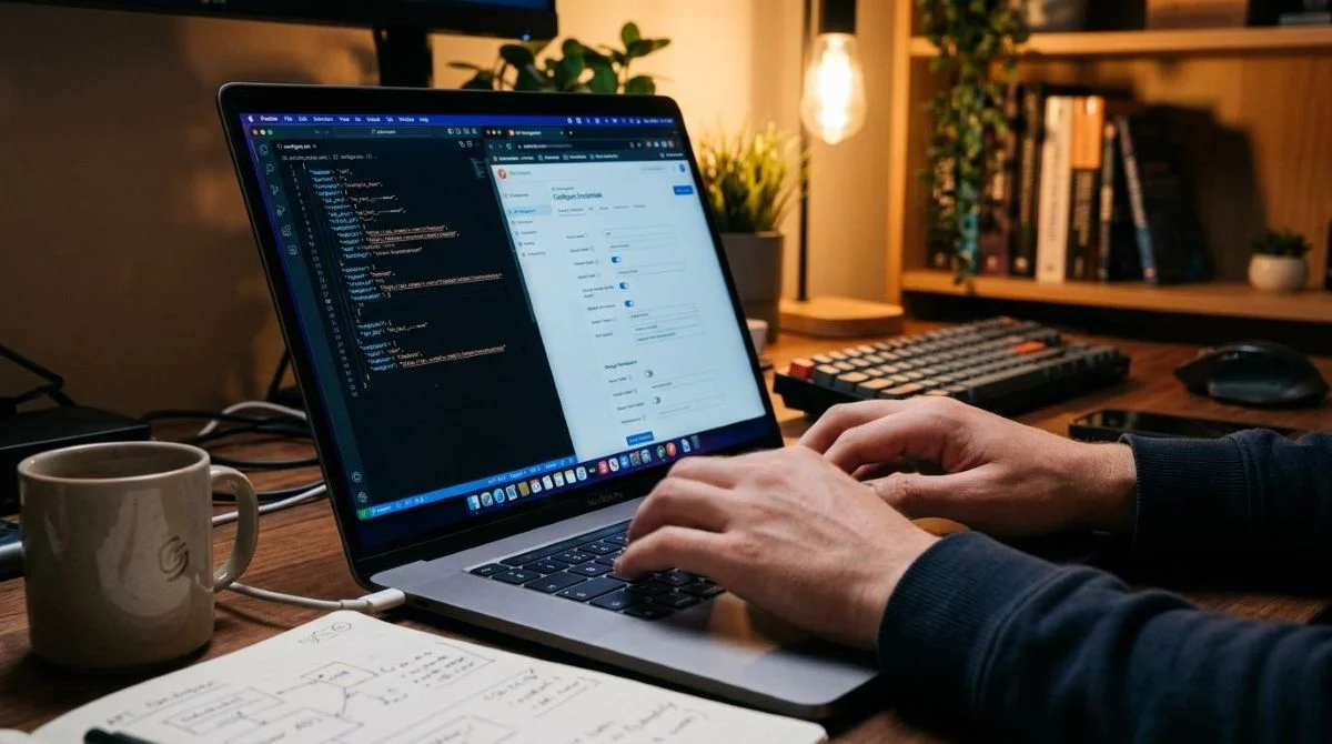 Mãos digitando em um teclado de notebook com telas exibindo painéis de configuração de API e credenciais de acesso, ambiente de trabalho tecnológico
