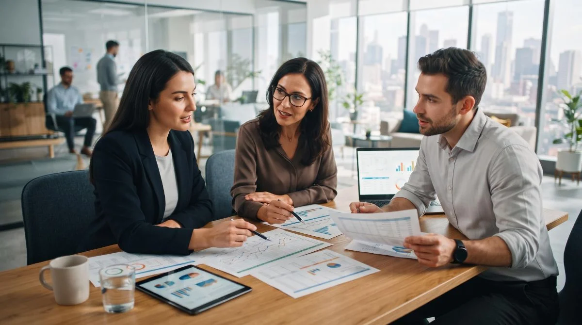 Três profissionais reunidos em torno de uma mesa de conferência analisando planilhas e gráficos financeiros, com expressões de colaboração