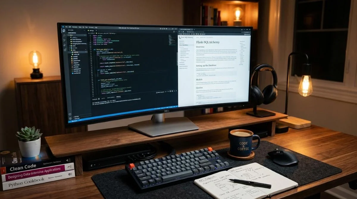 Tela de monitor exibindo código de programação e documentação técnica ao lado de uma xícara de café, mesa de trabalho organizada com anotações