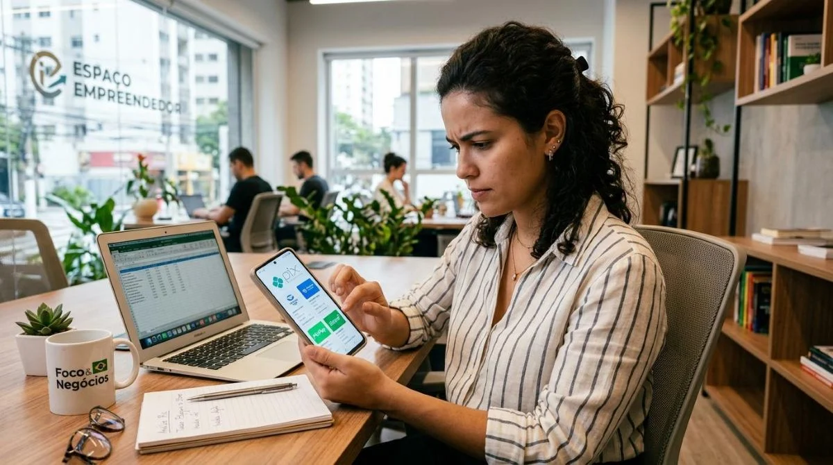 Um pequeno empresário brasileiro analisando diferentes apps de pagamento em seu smartphone, com expressão concentrada