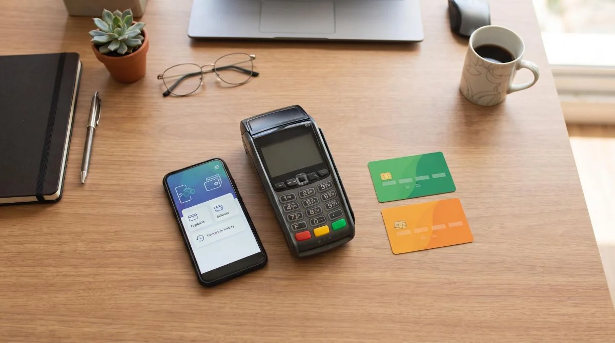 Visão de cima de uma mesa de trabalho organizada com uma maquininha de cartão ao lado de uma carteira digital aberta no smartphone e cartões