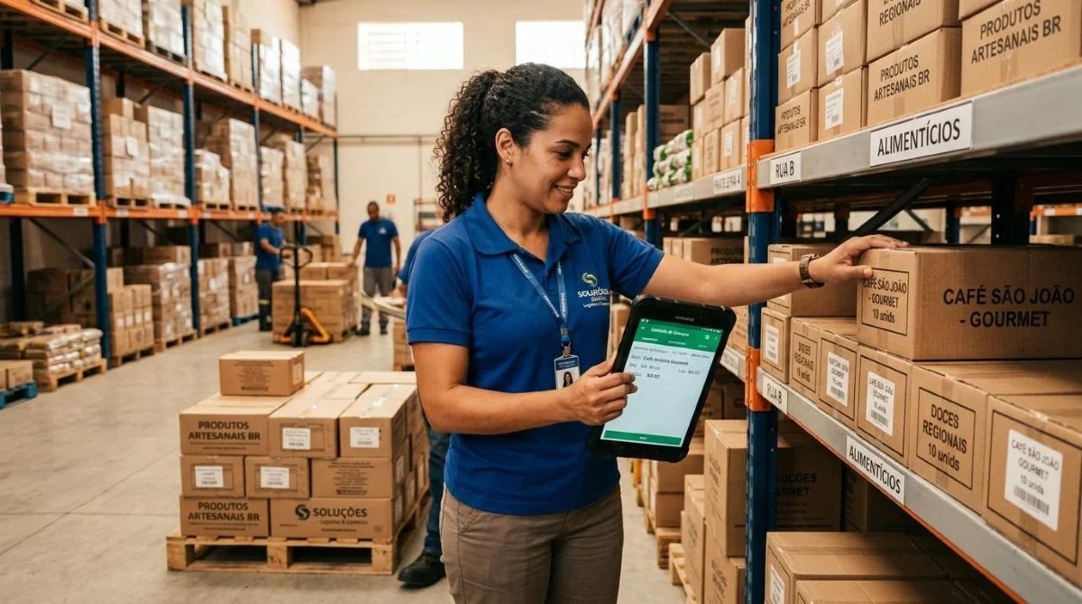 Pequeno empresário conferindo estoque em tablet enquanto organiza caixas de produtos em um depósito limpo e organizado, ambiente de comércio brasileiro