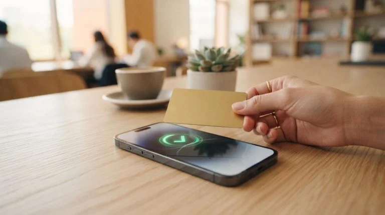 Pessoa aproximando um cartão de crédito ao iPhone para realizar um pagamento por aproximação