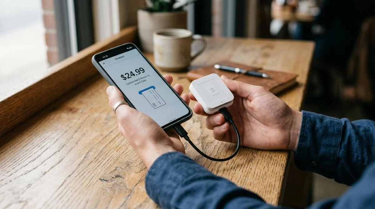 Mãos de uma pessoa segurando um smartphone e uma pequena maquininha de cartão branca lado a lado, demonstrando a conexão entre os dispositivos