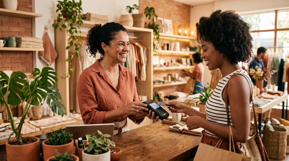 Uma pequena empresária brasileira sorridente atendendo um cliente em sua loja, segurando uma maquininha de pagamento compacta enquanto processa