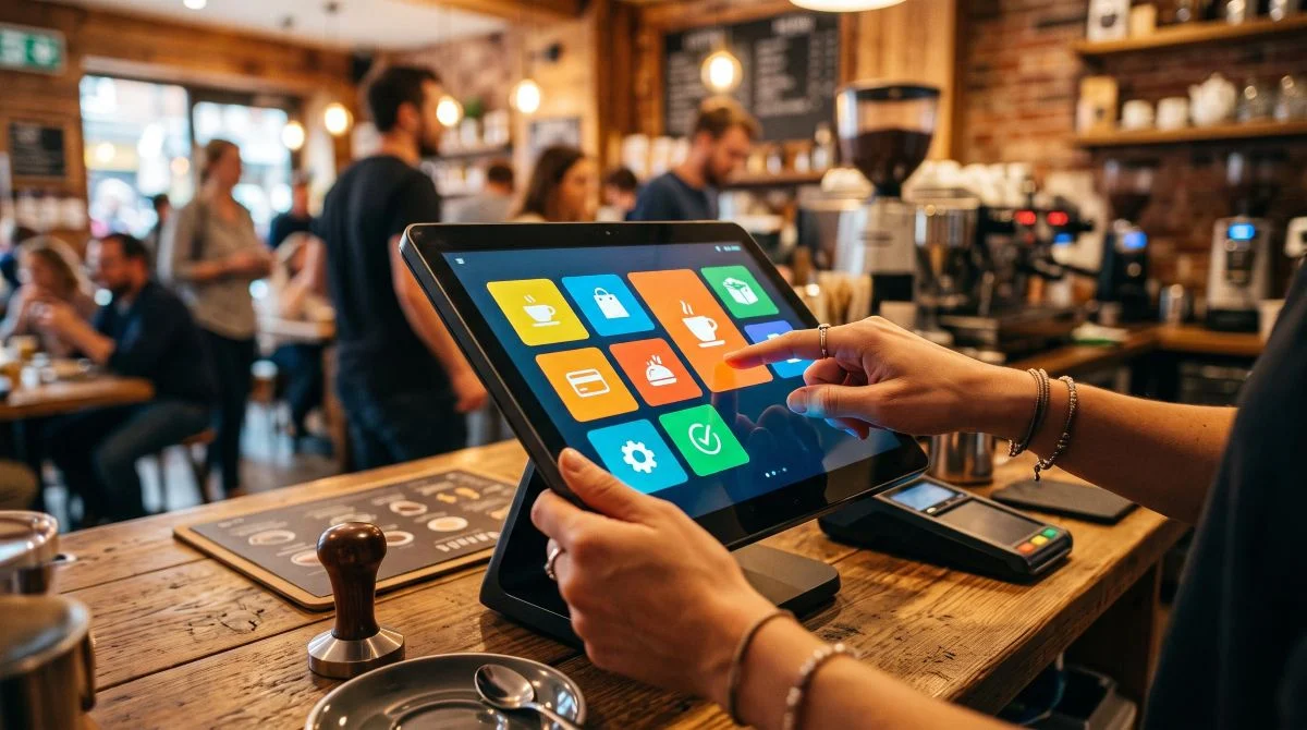 Close-up detalhado da tela touchscreen de uma maquininha de cartão exibindo ícones coloridos organizados em um painel moderno, com as mãos de uma pess