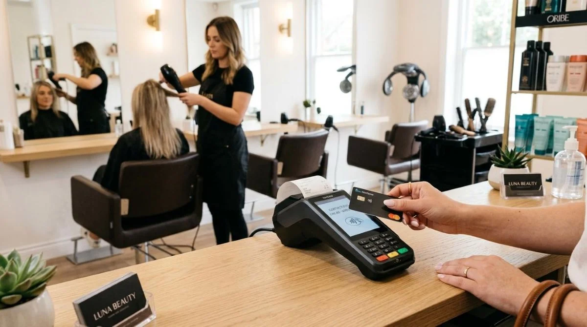 Mãos fazendo pagamento por aproximação em maquininha de cartão moderna dentro de salão de beleza, com cadeira de cabelo e equipamentos profissionais