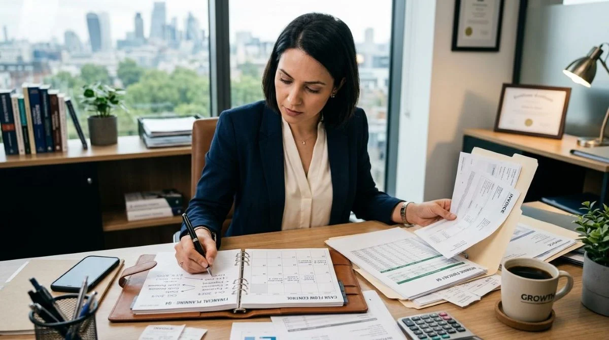 Empreendedor organizando documentos financeiros e agenda aberta sobre mesa de escritório, com café ao lado, representando o planejamento