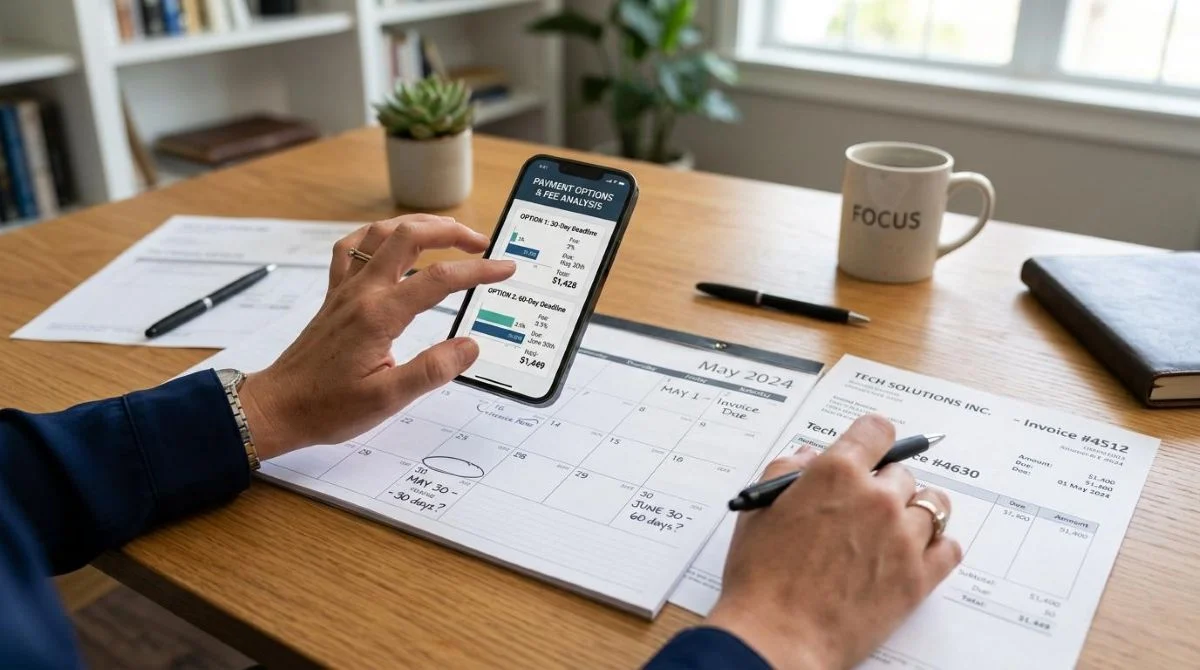 Mãos de uma pessoa comparando opções em smartphone com calendário e notas fiscais sobre a mesa, representando a escolha entre diferentes prazos