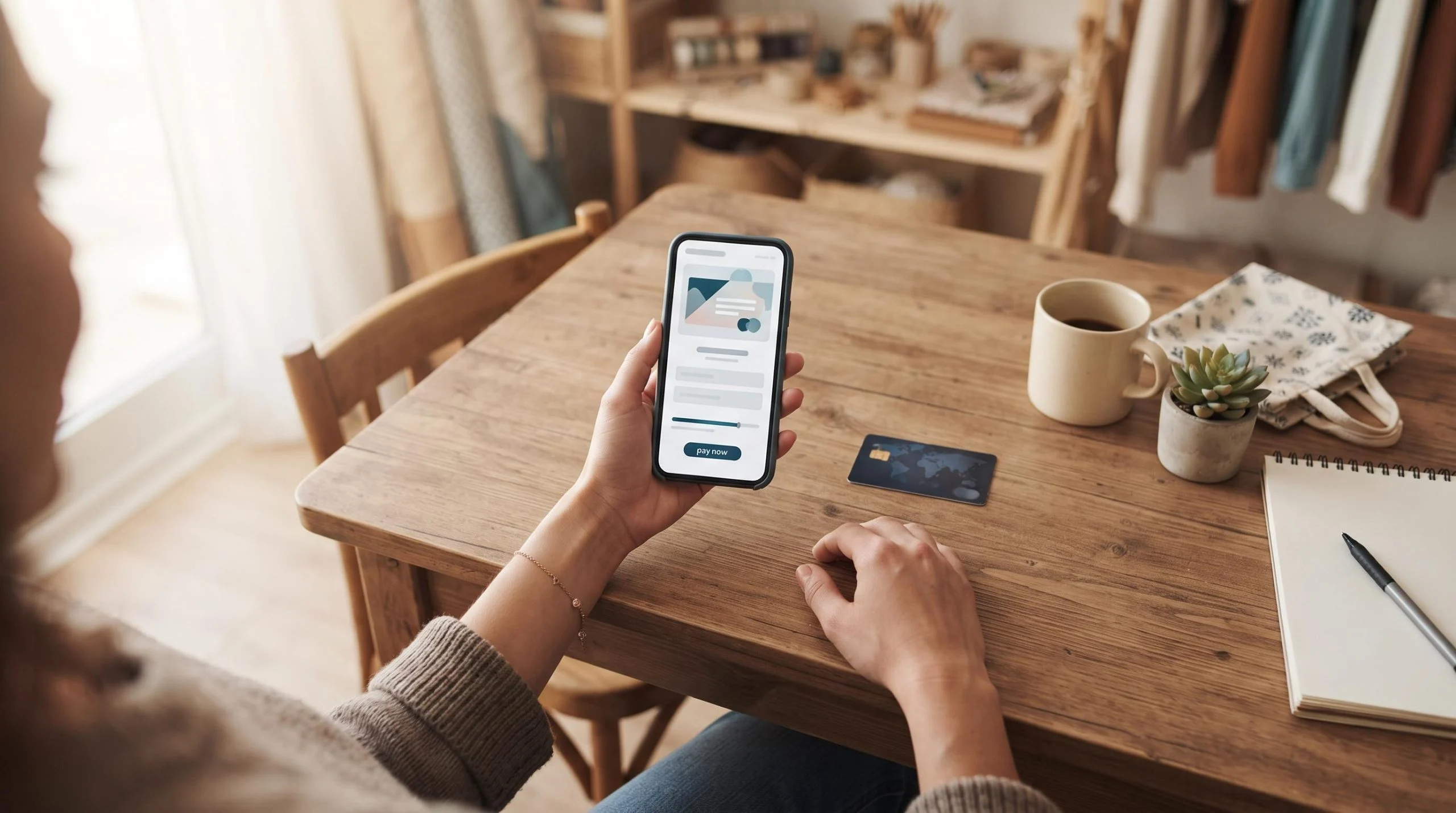 Cliente em uma loja virtual vista de cima, segurando smartphone com tela de pagamento aberta ao lado de um cartão de crédito sobre uma mesa de madeira