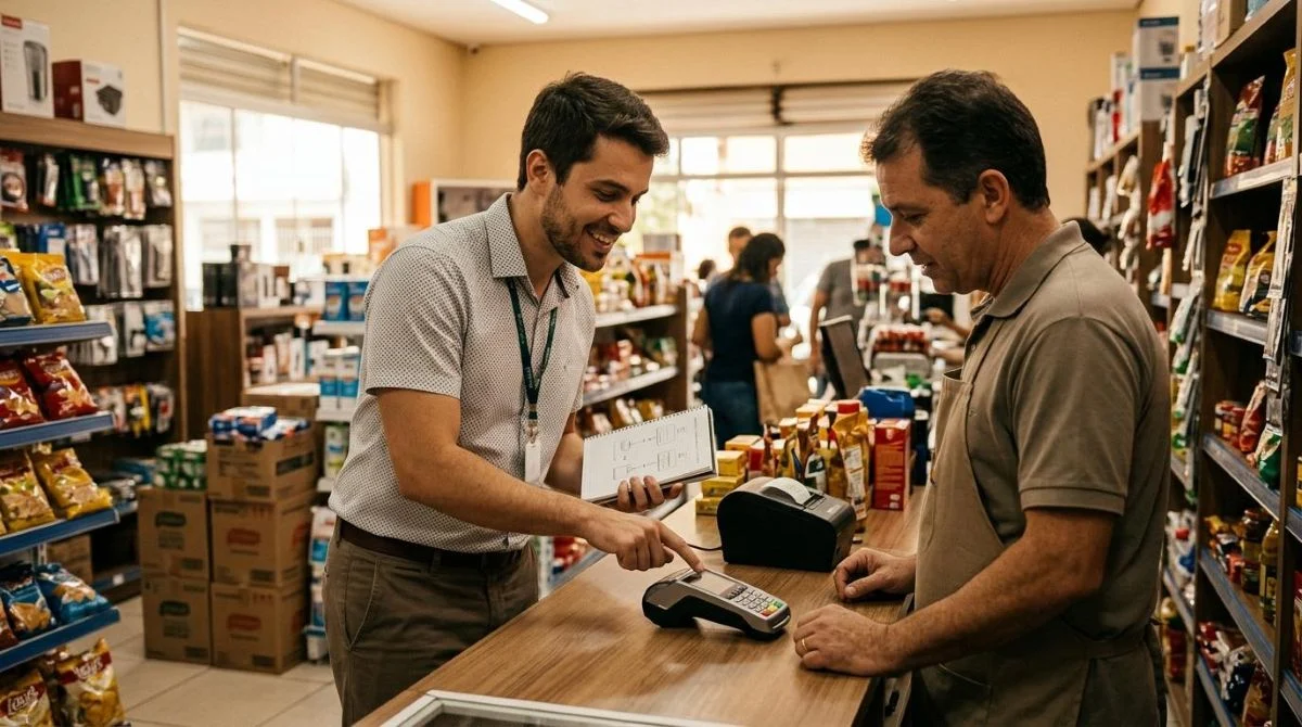 Revendedor retornando a uma loja para acompanhar o uso de uma maquininha de cartão, conversando com o lojista sobre a primeira transação