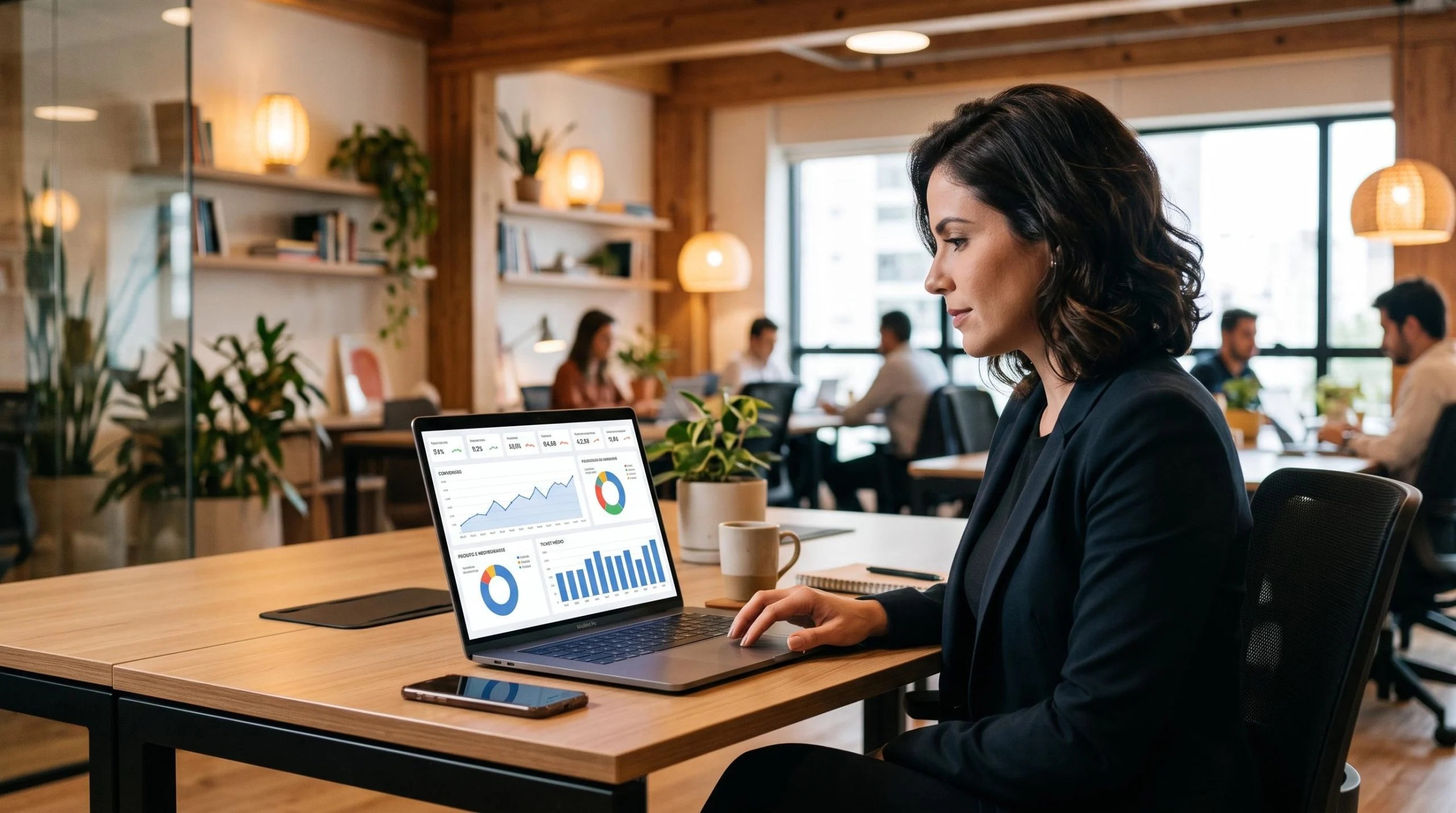 Pessoa profissional de vendas analisando um painel de métricas em um notebook, com gráficos de conversão e ticket médio visíveis na tela, em um escrit