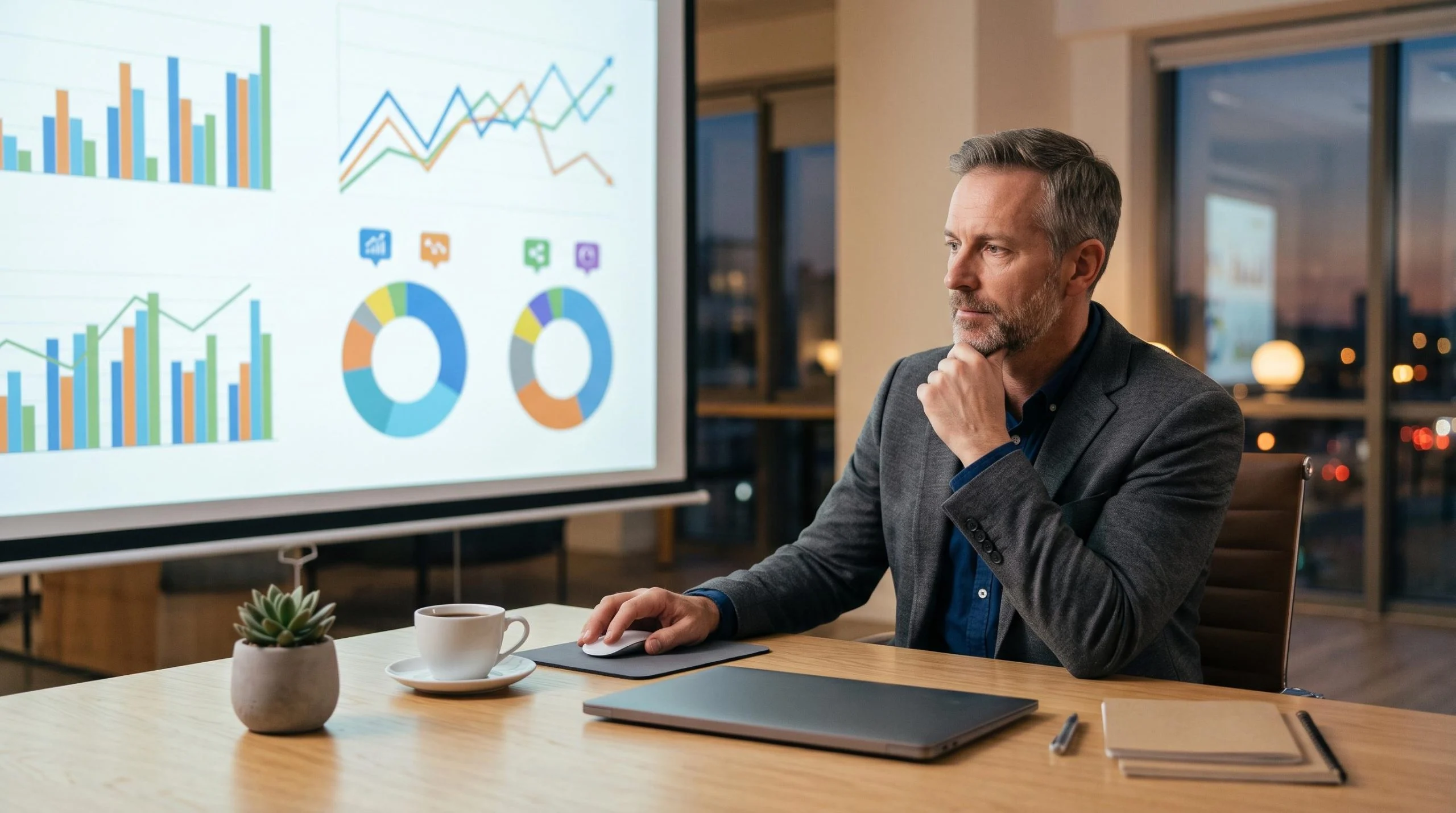 Gestor comercial analisando painel de métricas com gráficos de conversão e indicadores de vendas projetados em tela digital, com xícara de café sobre