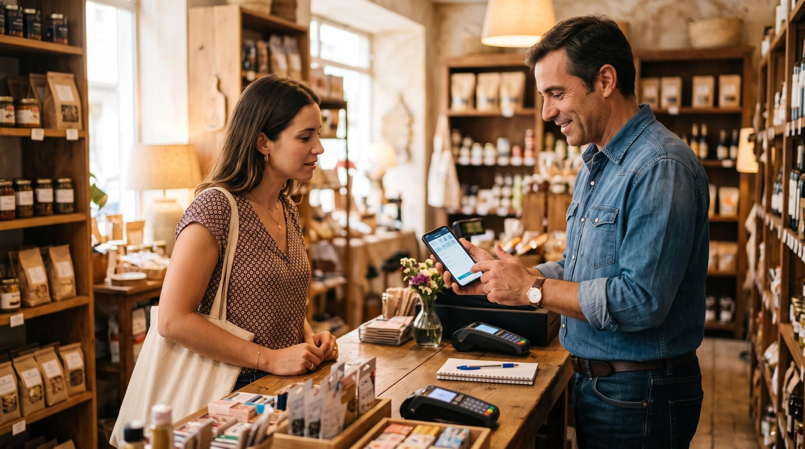 Proprietário de um pequeno negócio atendendo uma cliente no balcão da loja enquanto consulta o celular para negociar condições de pagamento, ambiente