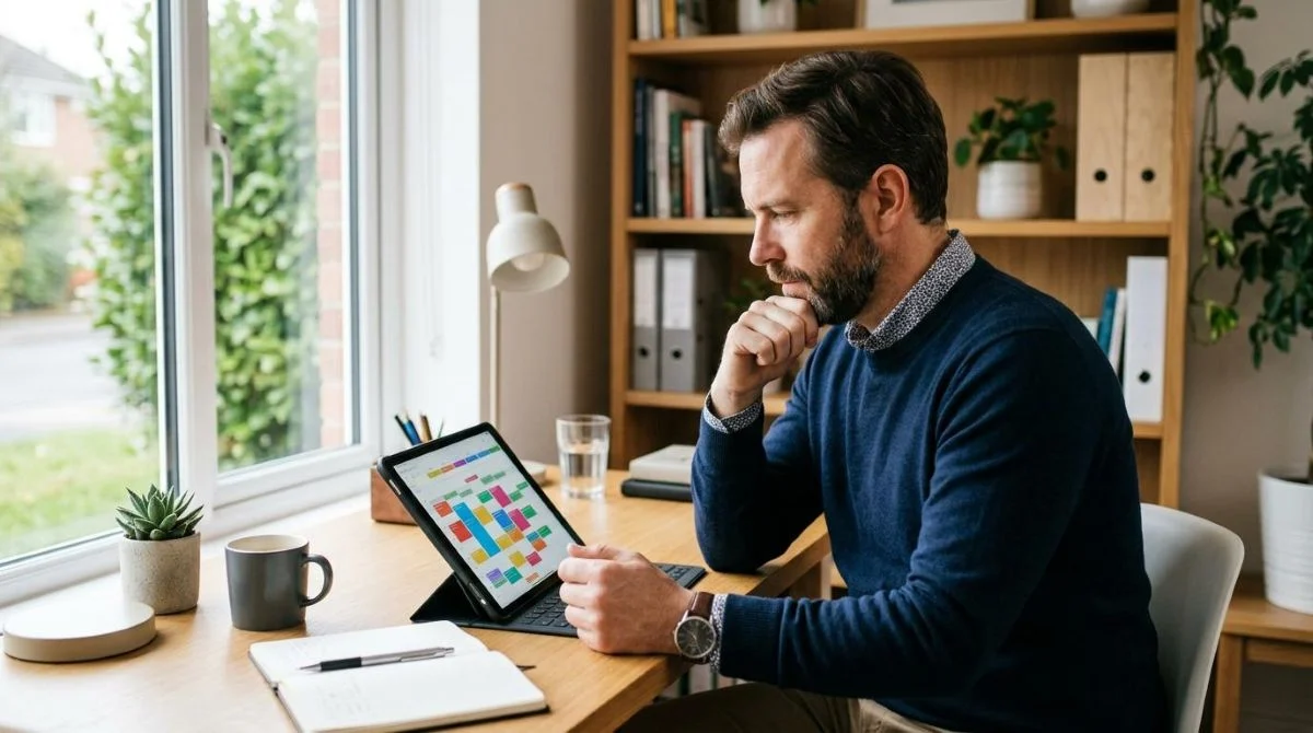 Um profissional autônomo analisando sua agenda lotada em um tablet, com expressão pensativa avaliando o momento certo de expandir o negócio