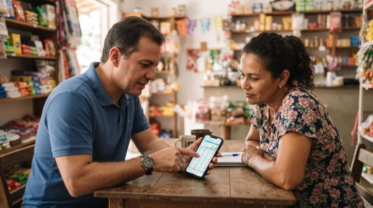 Pessoa revendedora analisando extrato de vendas de lojista em planilha no celular para calcular economia de taxas de maquininha
