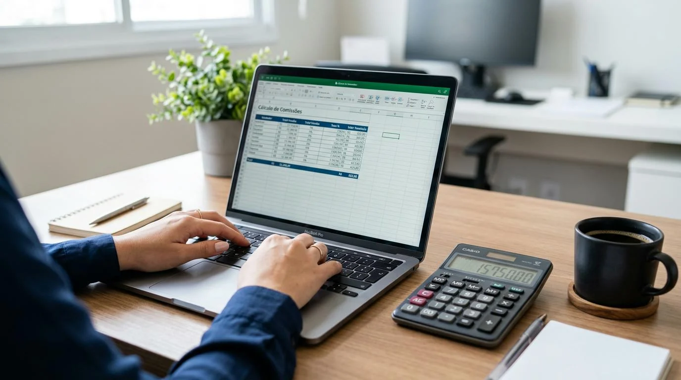Mãos de um profissional digitando em um notebook com uma planilha de cálculo de comissões visível na tela, ao lado de uma calculadora e xícara de café