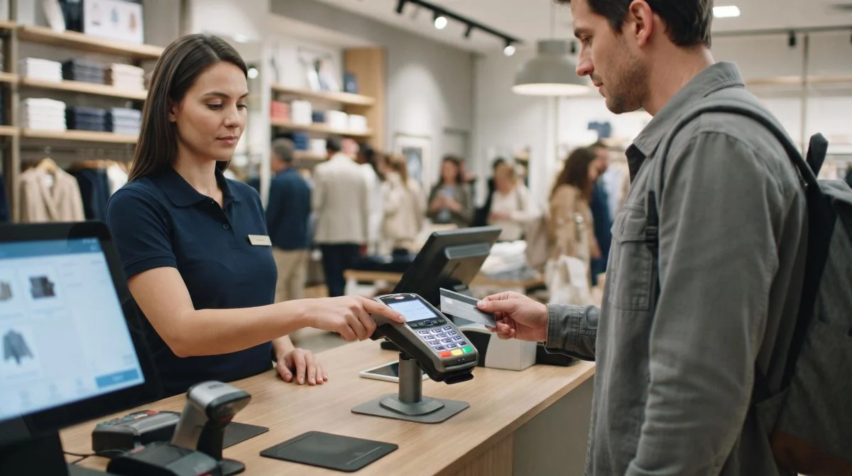 Operador de caixa digitando o valor na maquininha de cartão enquanto o cliente aguarda com o cartão na mão, cena de uma transação sendo processada