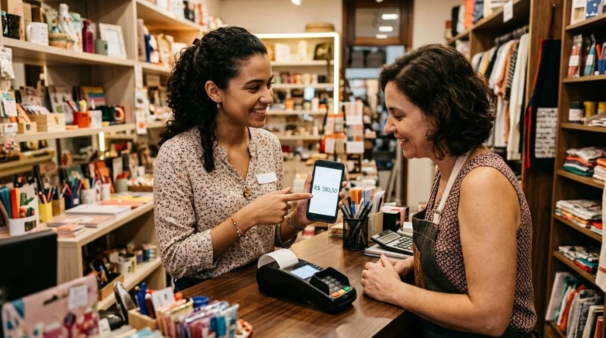 Uma revendedora mostrando números em uma tela de celular para uma lojista em um pequeno estabelecimento comercial, com máquina de cartão visível
