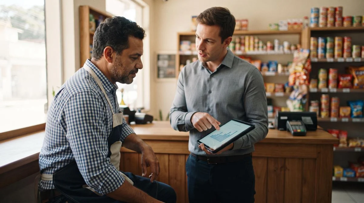 Lojista brasileiro analisando comparativo de taxas em uma tela de tablet enquanto conversa com um consultor, ambiente de pequeno comércio com balcão