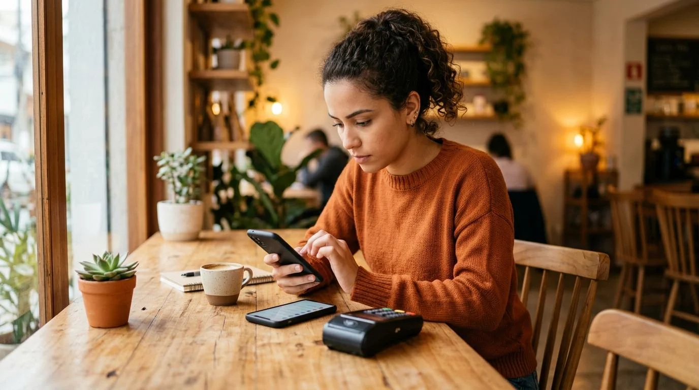 Pessoa focada consultando uma lista de ocupações em seu smartphone, sentada em uma mesa de madeira clara com uma maquininha de cartão ao lado