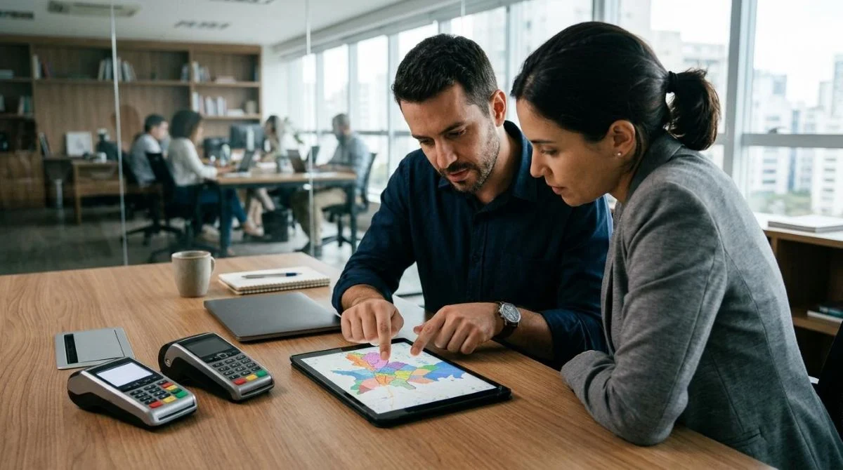 Duas pessoas observando um mapa digital em um tablet mostrando a divisão de territórios por bairros, com maquininhas de cartão sobre a mesa ao lado