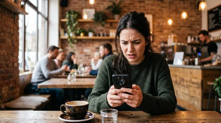 Pessoa olhando para a tela do celular com expressão de frustração ao receber uma cobrança indevida