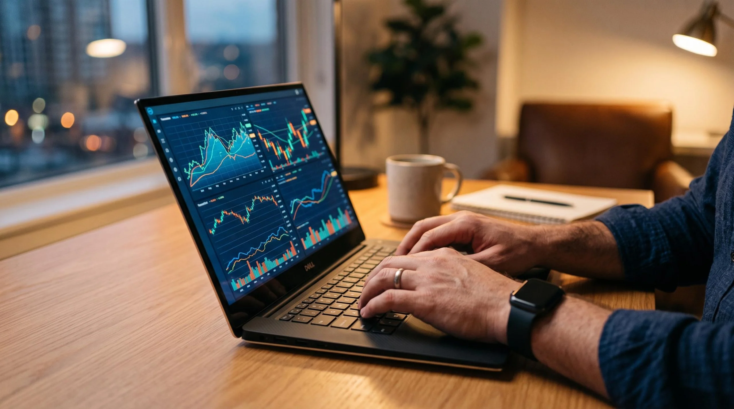 Mãos de um profissional digitando em um teclado de notebook, com foco em uma tela que mostra gráficos de transações financeiras, em um ambiente de tra