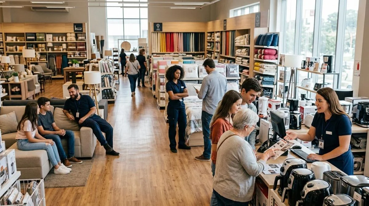 Vendedores em diferentes unidades de uma mesma loja atendendo clientes de formas distintas, demonstrando a falta de padronização no atendimento
