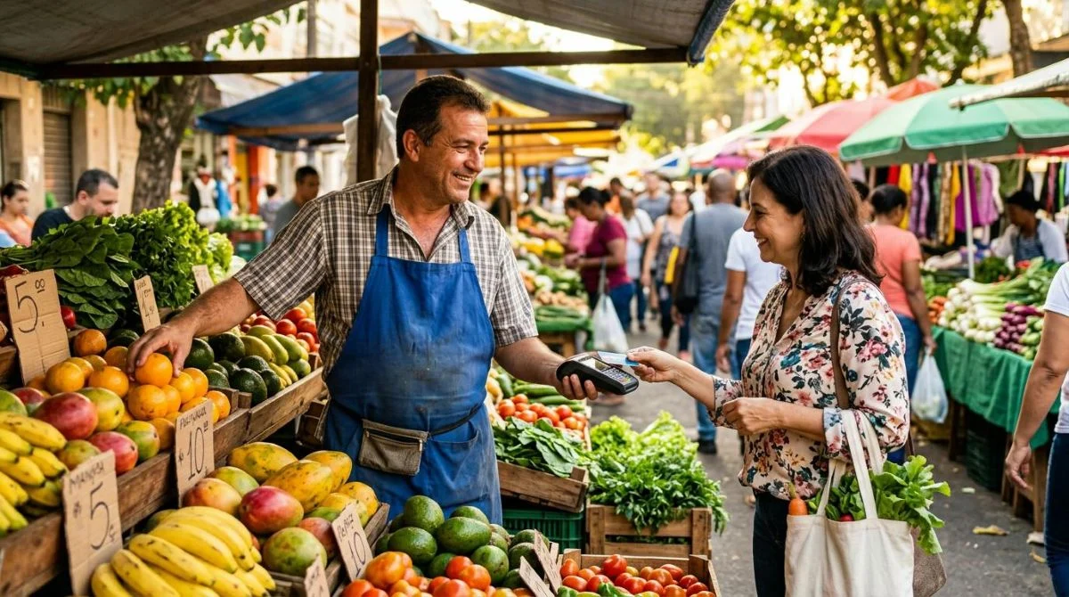 Um feirante organizando sua banca de frutas e verduras em uma feira livre movimentada, segurando uma maquininha de cartão compacta enquanto atende