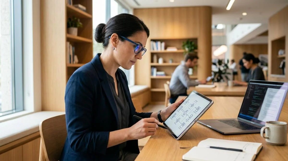 Profissional de tecnologia revisando um fluxograma de integração de sistemas em um tablet, com um notebook aberto ao fundo