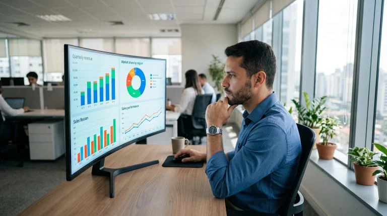 Pessoa analisando gráficos de desempenho comercial em um notebook sobre mesa de escritório