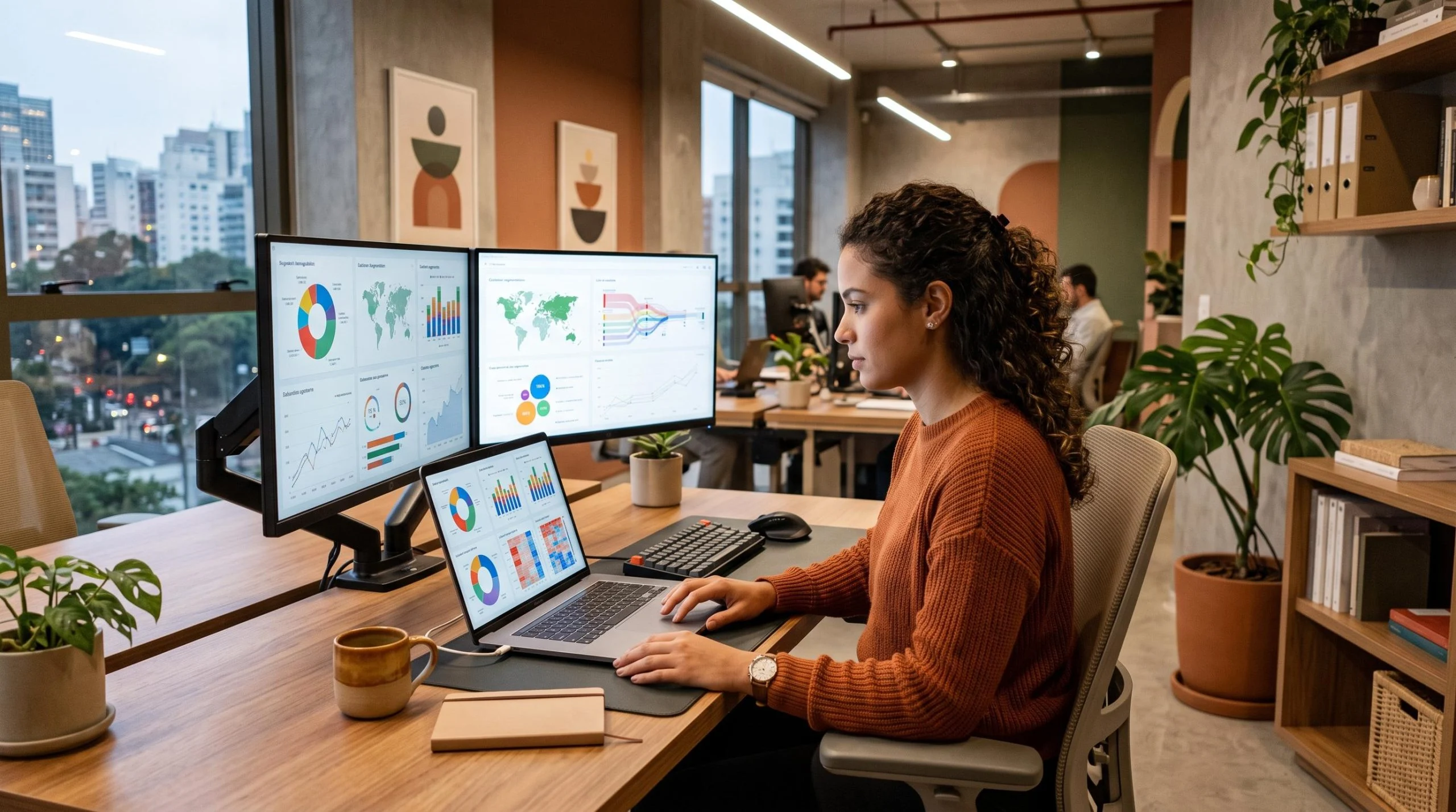 Analista de dados trabalhando em um laptop com gráficos de segmentação de clientes exibidos em monitores, em um escritório contemporâneo com decoração