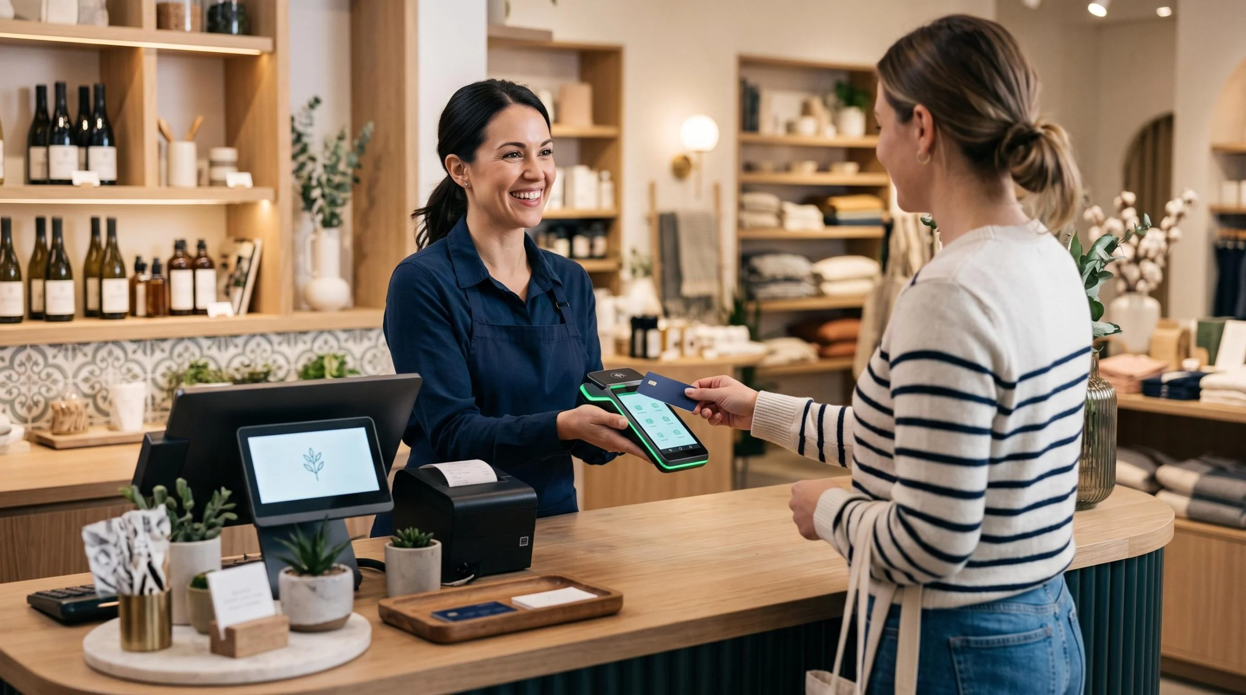 Uma funcionária sorridente operando um terminal de pagamento Smart POS no balcão de uma loja, enquanto um cliente aproxima o cartão para pagamento por