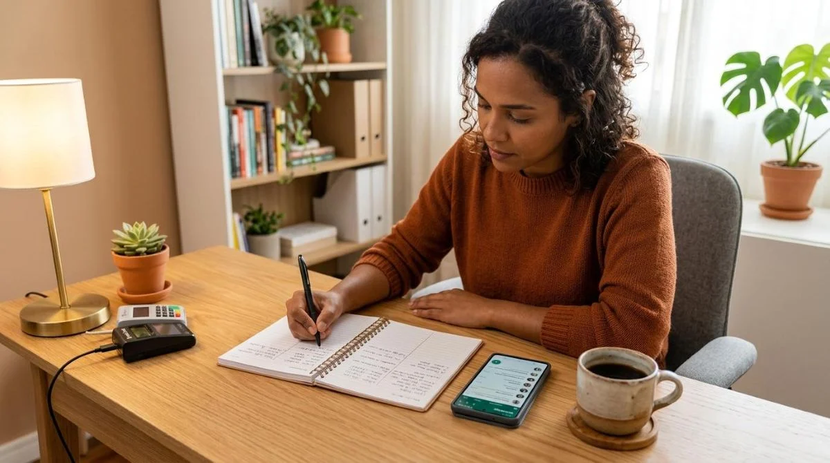 Uma revendedora de maquininhas organizando sua agenda de contatos em um caderno aberto sobre uma mesa, com um smartphone ao lado exibindo a tela