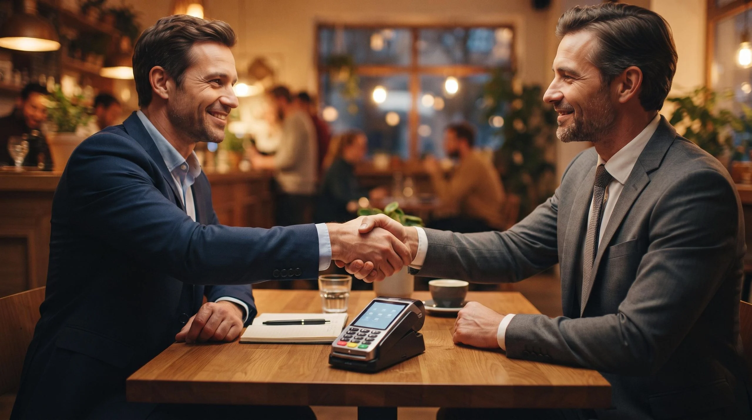 Dois empresários apertando as mãos sobre uma mesa onde repousa uma maquininha de cartão, simbolizando uma parceria comercial e intermediação de negócios