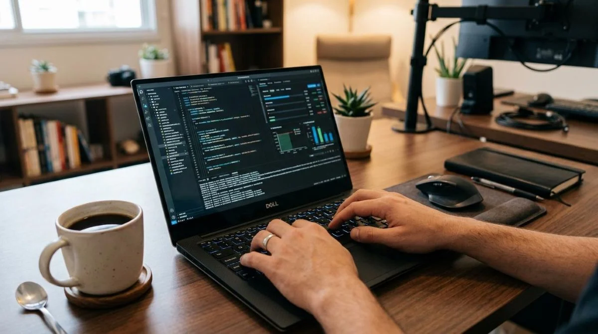 Mãos de uma pessoa digitando em um notebook com tela mostrando ambiente de testes de software