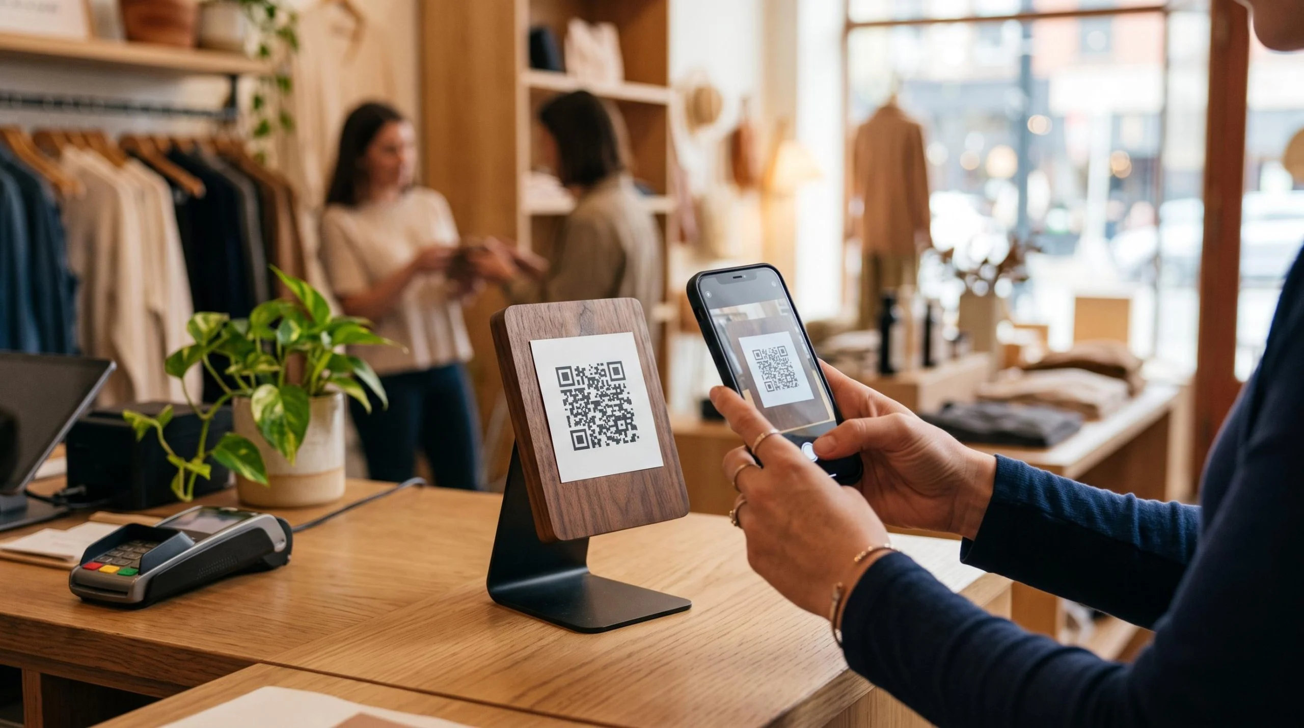 Um QR Code fixo posicionado em um suporte elegante no balcão de uma loja, com as mãos de um cliente segurando um smartphone para escanear o código, em