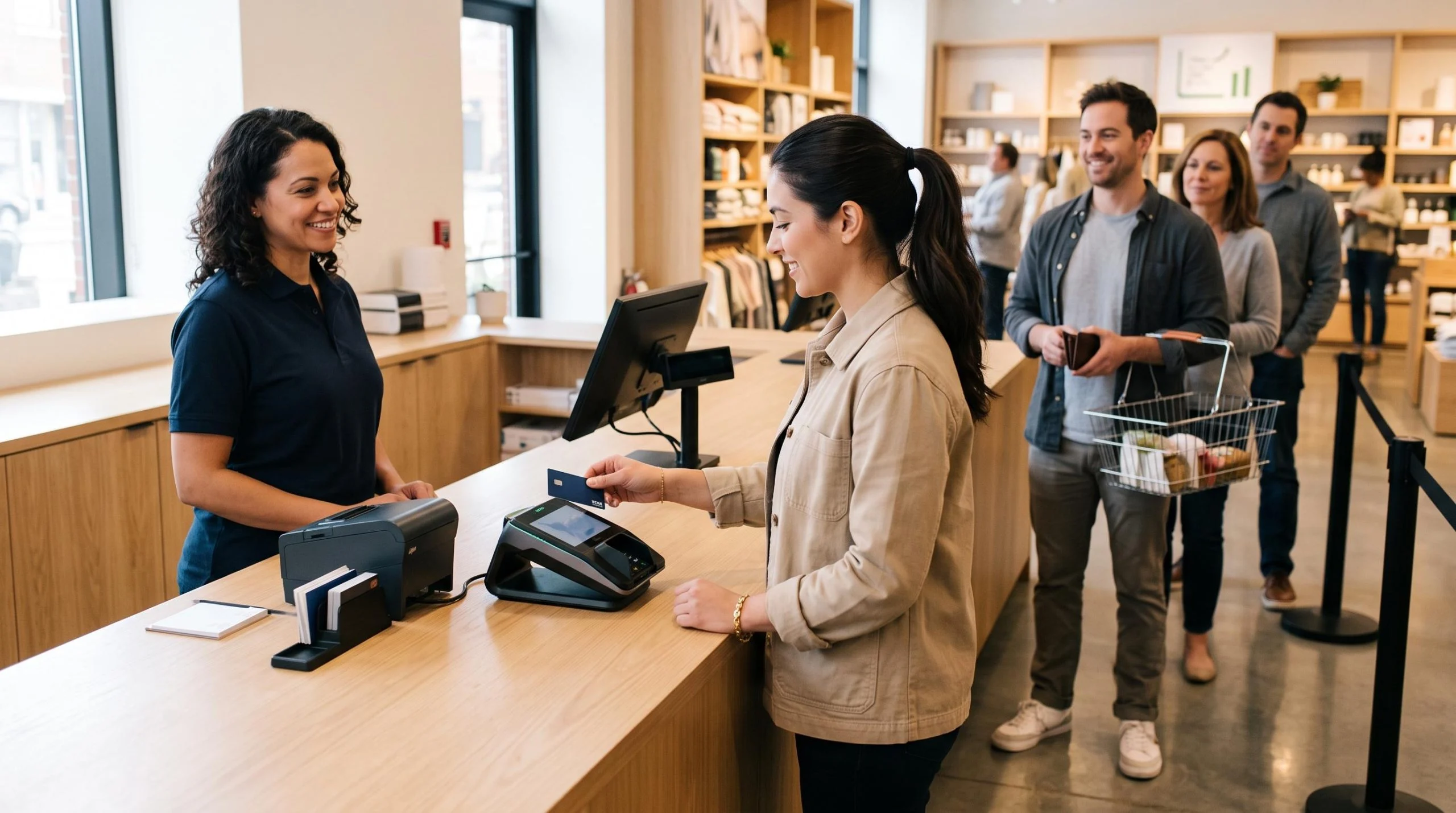 Um balcão de atendimento limpo e organizado com uma máquina de cartão moderna em destaque, onde um cliente finaliza uma compra rapidamente enquanto o