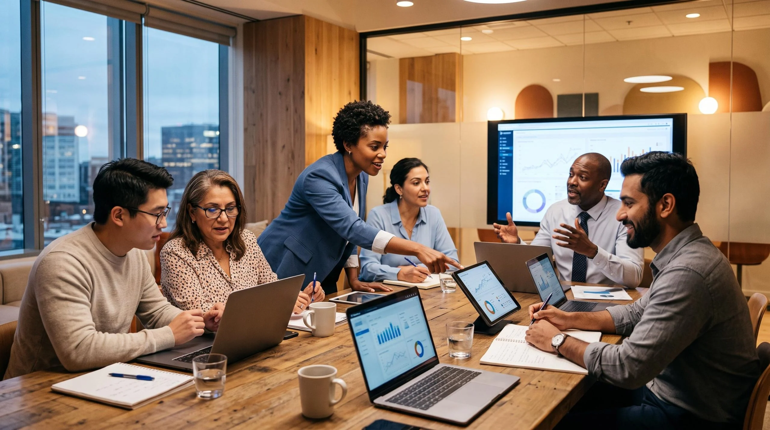 Equipe comercial diversificada reunida em uma sala de reuniões contemporânea, discutindo estratégias de vendas enquanto visualizam dados em tablets e
