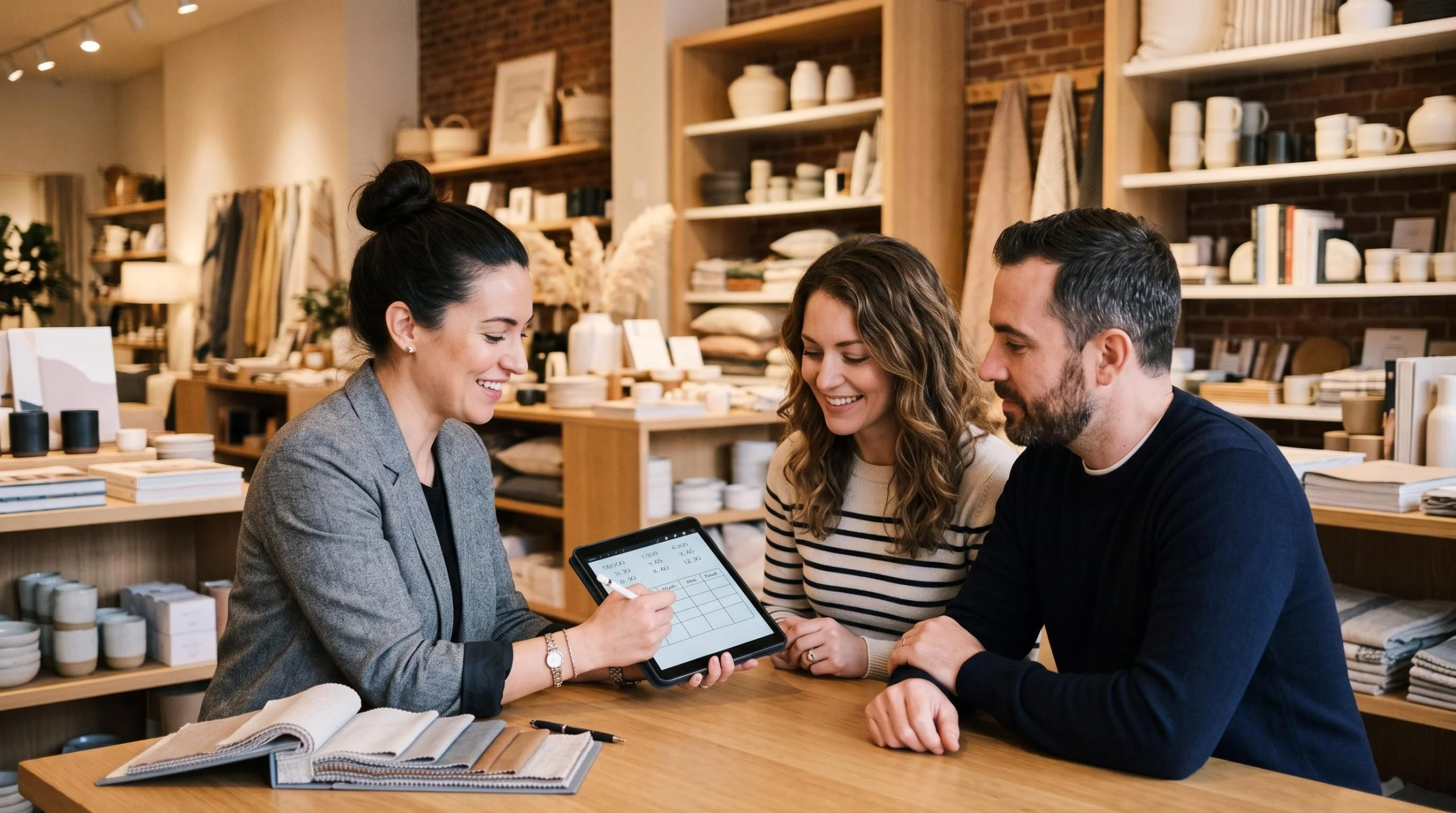 Um profissional de vendas anotando valores de parcelas em um tablet enquanto mostra diferentes opções de pagamento para um casal de clientes atentos,