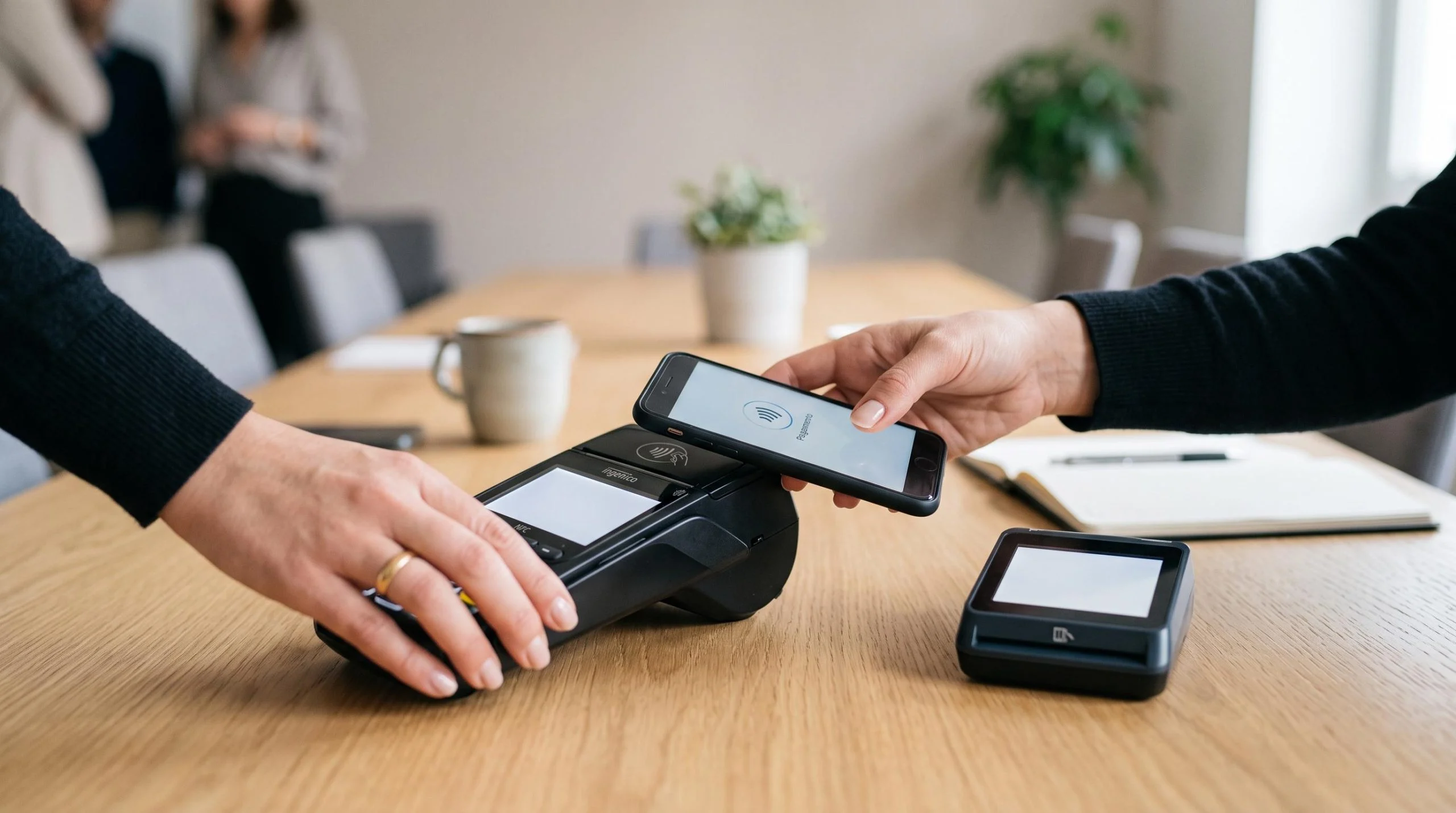 Mãos de uma pessoa demonstrando diferentes tipos de terminais de pagamento dispostos sobre uma mesa, incluindo máquina POS tradicional e smartphone co