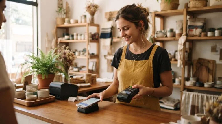 Pessoa nova no caixa de uma loja pequena aprendendo a operar a maquininha com cartão e celular ao lado