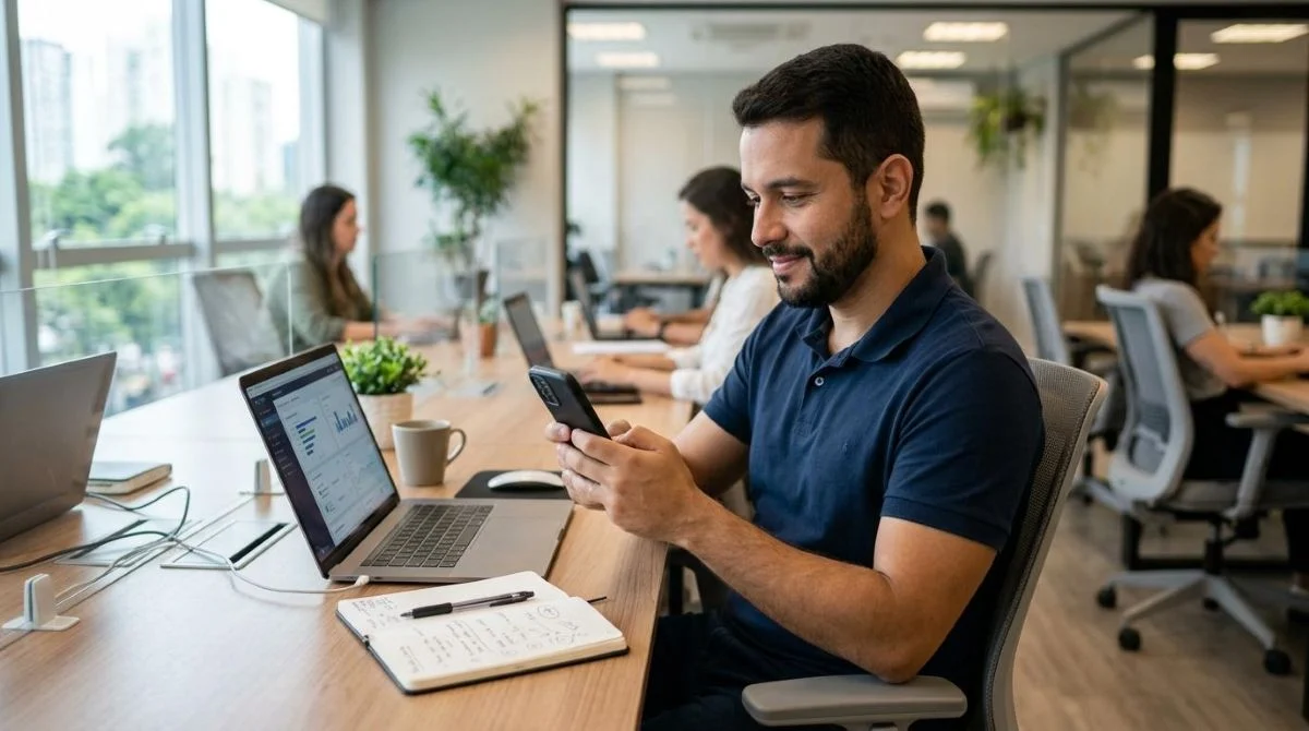 Um profissional de atendimento analisando mensagens em seu smartphone com expressão tranquila, sentado em um ambiente de trabalho organizado