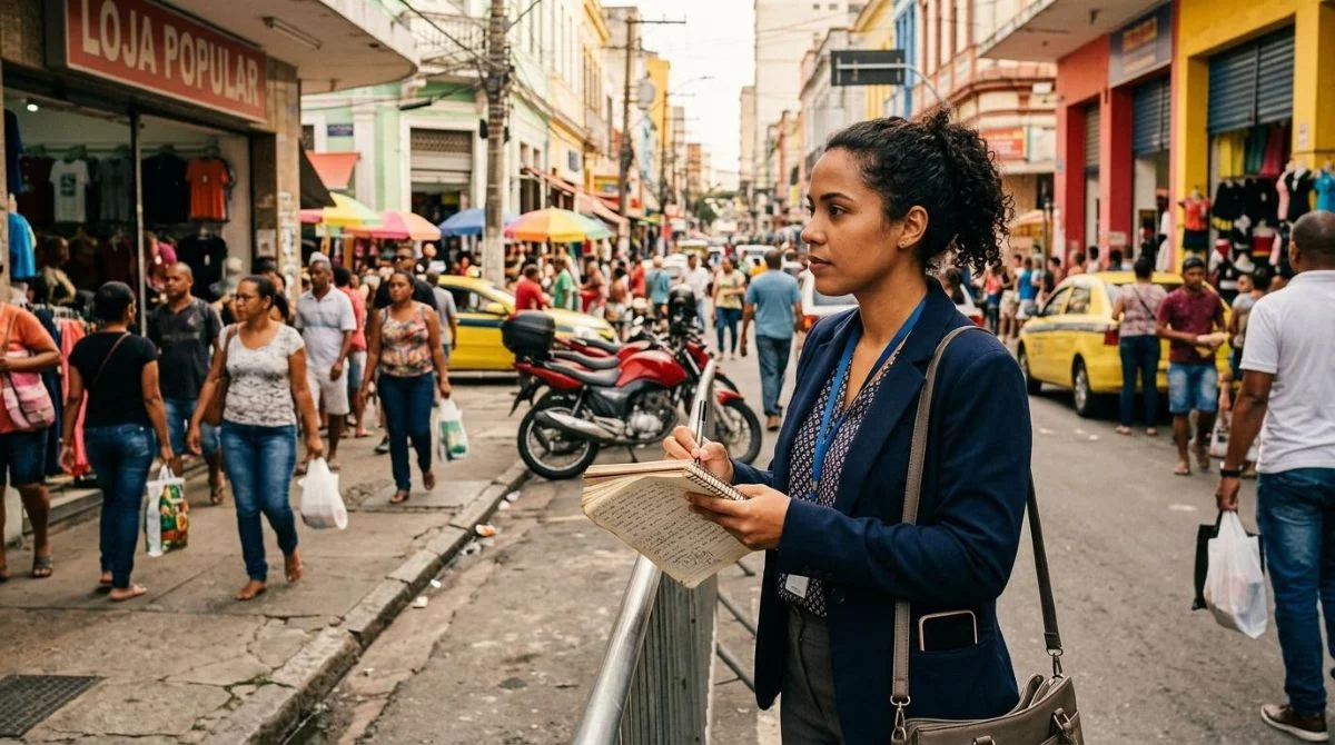 Profissional de vendas anotando informações em um caderno enquanto observa a movimentação de uma loja de rua brasileira, preparando-se para uma visita
